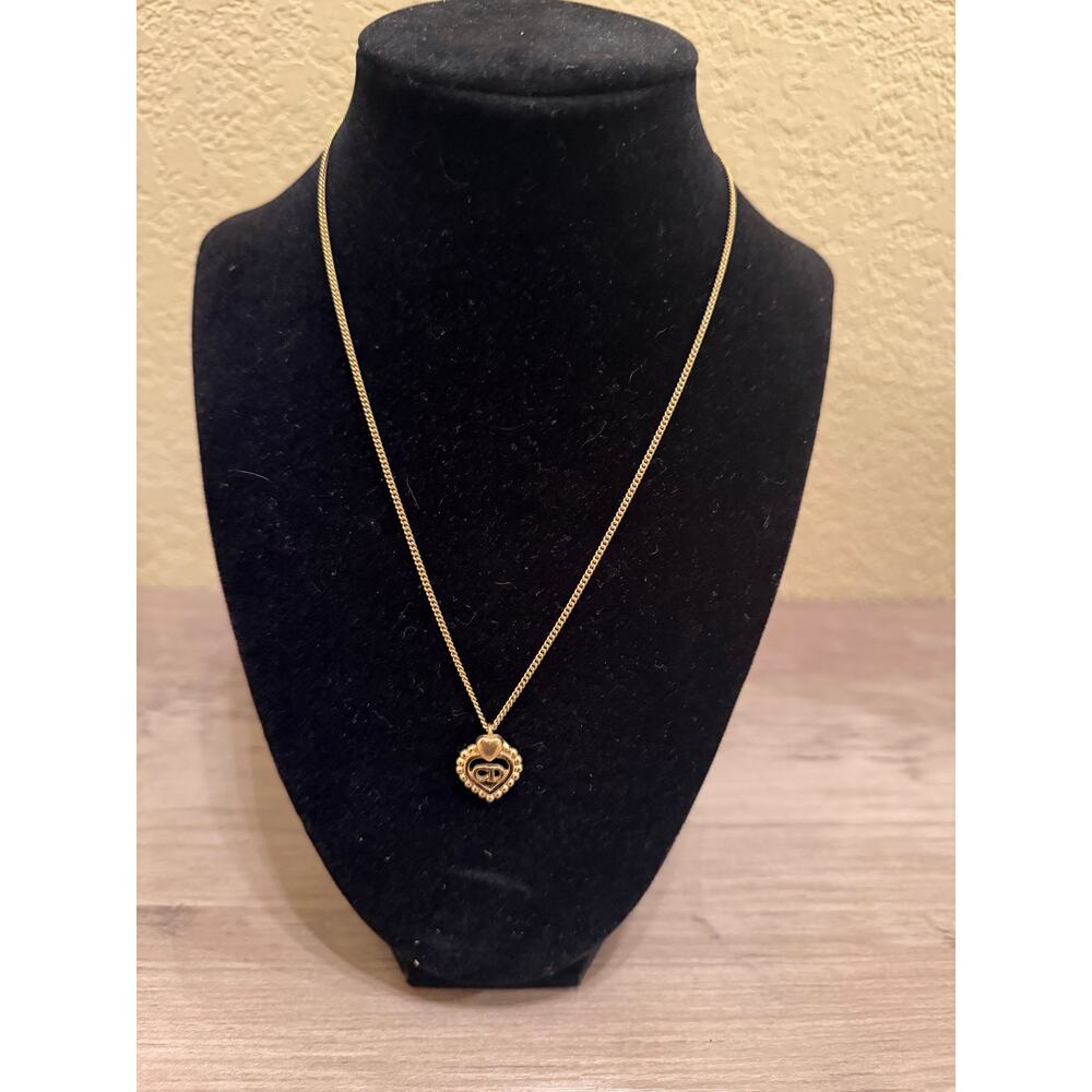 Vintage Christian Dior CD Heart Pendant Necklace Gold Tone Logo Charm